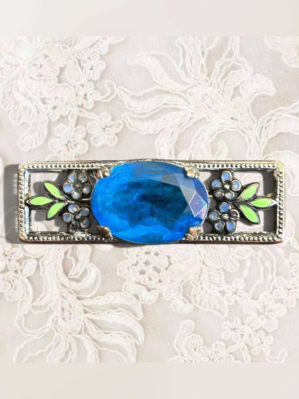Art Deco Cobalt Blue Glass and Floral Enamel Bar Pin